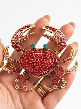 Jeweled Crab Brooch Gold-Plated with Ruby Red Crystals & Blue Eyes - New